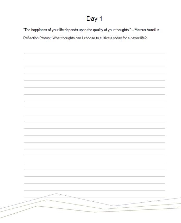 Blank page with lined paper for reflection, featuring a quote by Marcus Aurelius.