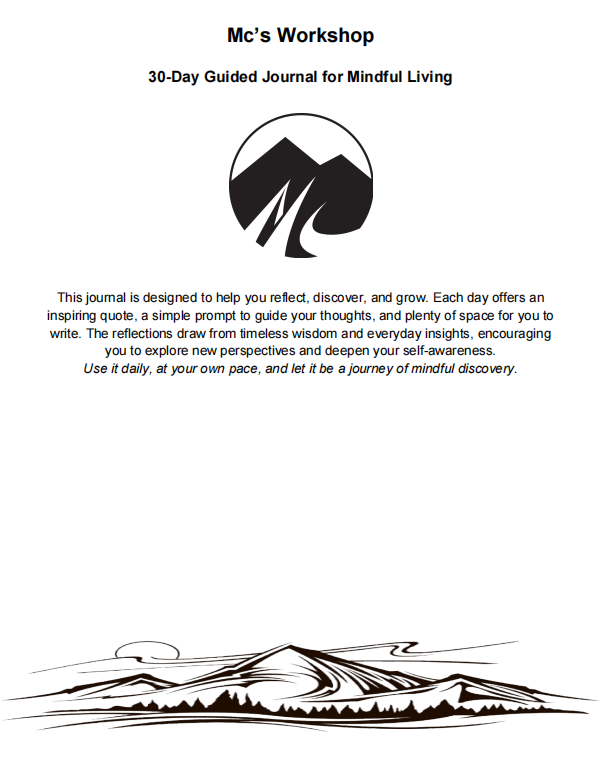 Cover of '30-Day Guided Journal for Mindful Living' by Mc's Workshop with a mountain illustration.