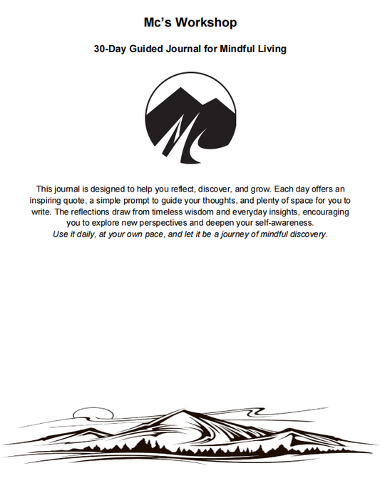 Cover of '30-Day Guided Journal for Mindful Living' by Mc's Workshop with a mountain illustration.